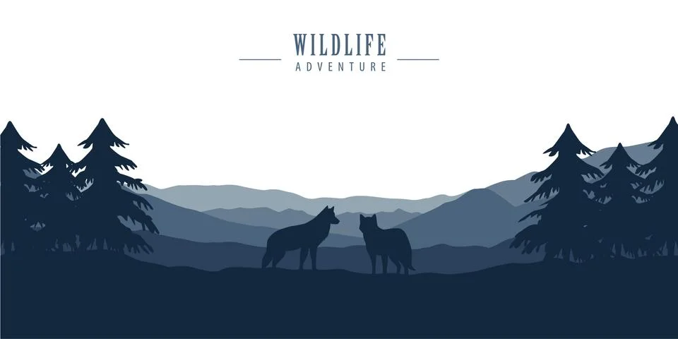 Wolf pack on blue forest landscape with mountain view Stock Illustration