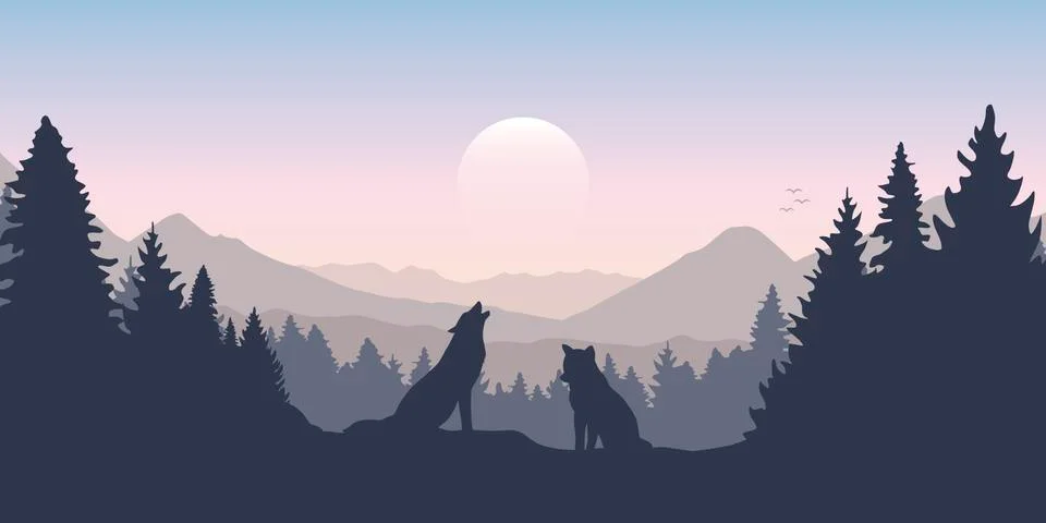 Wolf pack in forest with mountain landscape Stock Illustration