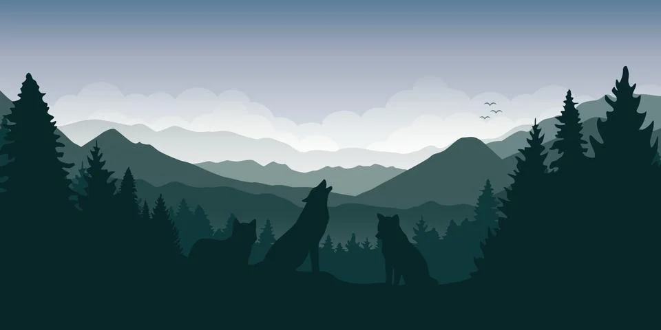 Wolf pack in the green forest with mountain landscape Stock Illustration