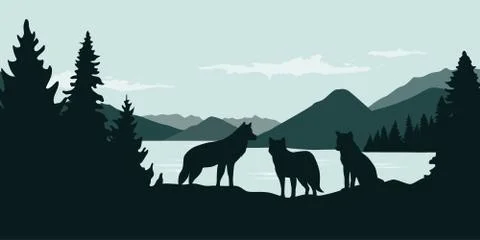 Wolf pack by the river green forest wildlife nature landscape Stock Illustration