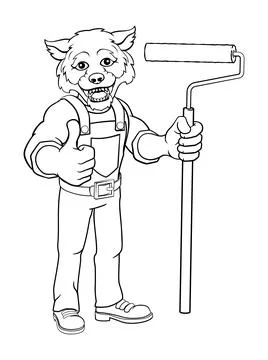 Wolf Painter Decorator Paint Roller Mascot Man Stock Illustration