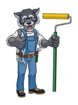 Wolf Painter Decorator Paint Roller Mascot Man Stock Illustration