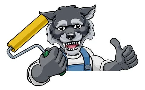 Wolf Painter Decorator Paint Roller Mascot Man Stock Illustration
