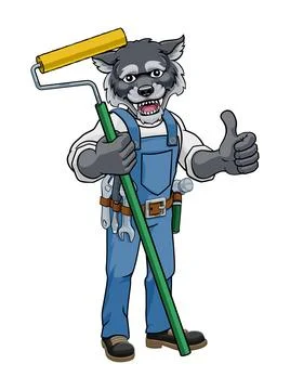 Wolf Painter Decorator Paint Roller Mascot Man Stock Illustration