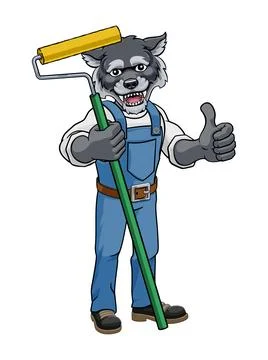 Wolf Painter Decorator Paint Roller Mascot Man Stock Illustration