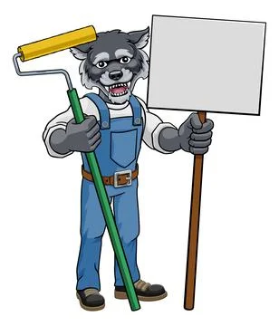Wolf Painter Decorator Paint Roller Mascot Man Stock Illustration