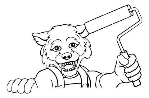 Wolf Painter Decorator Paint Roller Mascot Man Stock Illustration