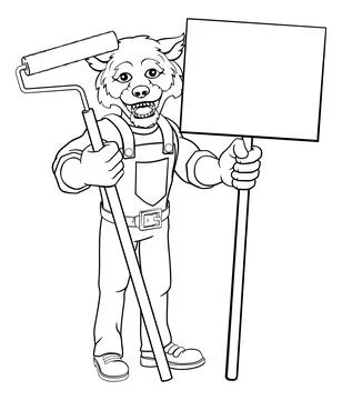 Wolf Painter Decorator Paint Roller Mascot Man Stock Illustration