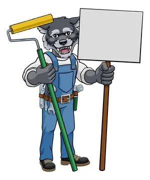Wolf Painter Decorator Paint Roller Mascot Man Stock Illustration