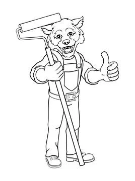 Wolf Painter Decorator Paint Roller Mascot Man Stock Illustration