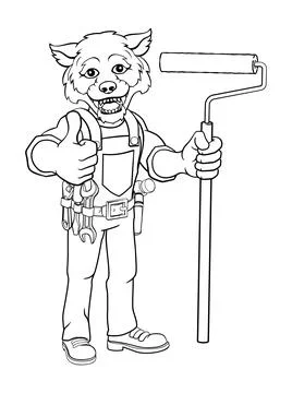 Wolf Painter Decorator Paint Roller Mascot Man Stock Illustration