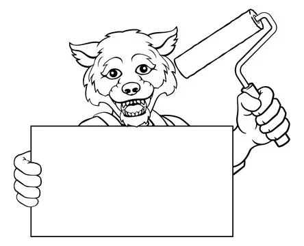 Wolf Painter Decorator Paint Roller Mascot Man Stock Illustration