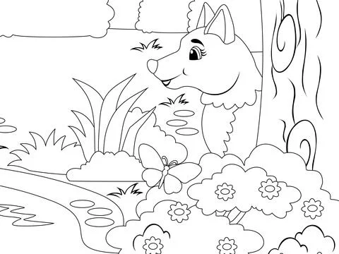 Wolf peeks behind the tree. The nature of the forest. Vector coloring book. Stock Illustration