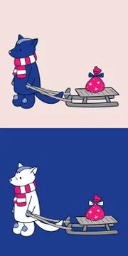 Wolf pulling sled with Christmas gifts. Cartoon husky dog wearing scarf &amp; boots Ilustración de archivo