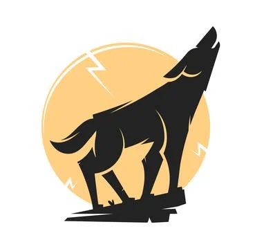 Wolf on a rock howling at the moon. Vector illustration with clear even forms Ilustração Stock