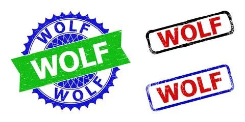 WOLF Rosette and Rectangle Bicolor Seals with Corroded Textures Stock Illustration