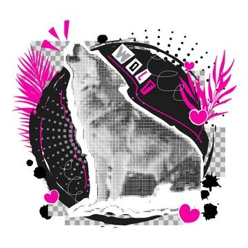 Wolf silhouette in collage style. Dada aesthetics. Stock Illustration
