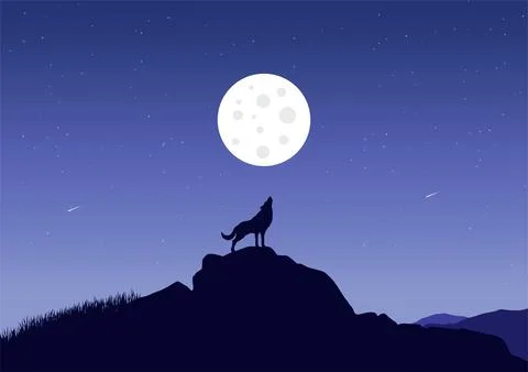 Wolf silhouette at full moon vector Stock Illustration