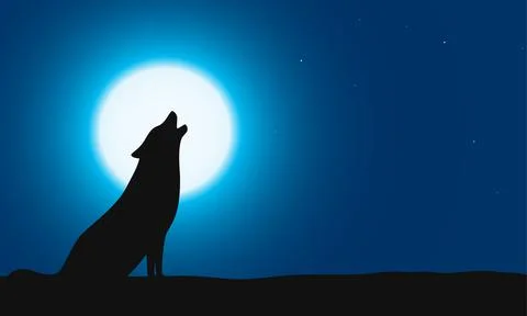 Wolf sitting and roaring on the ground, Background is moon 스톡 일러스트