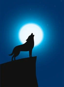 Wolf sitting and roaring on the ground, Background is moon 스톡 일러스트