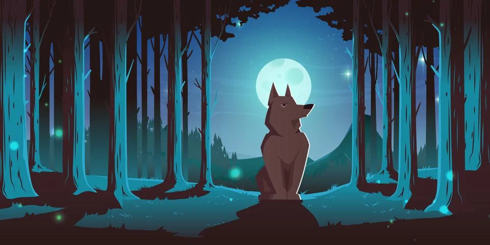 Wolf sitting in forest at night 스톡 일러스트
