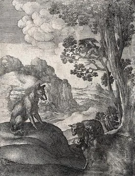 A wolf is sitting on a mound opposite a sheep and two foxes with two eagles.. 스톡 일러스트