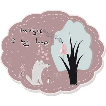 A wolf sitting under a tree enjoys the song of a bird, vector illustration Stock Illustration