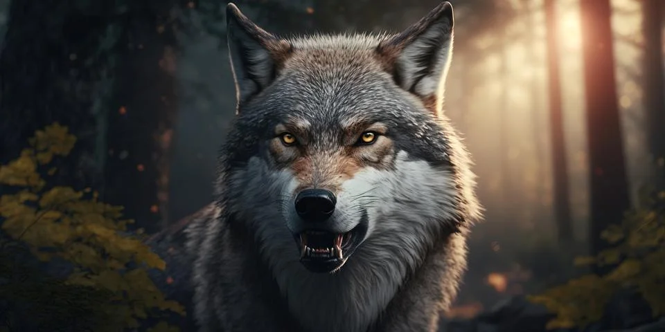 A wolf with a snarling face in a forest with trees and leaves in the backgr.. Stock Illustration