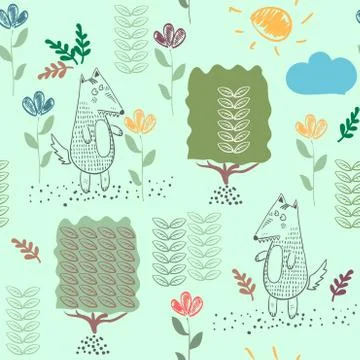 Wolf in the spring in the forest among the trees and flowers. Seamless pattern. イラスト素材