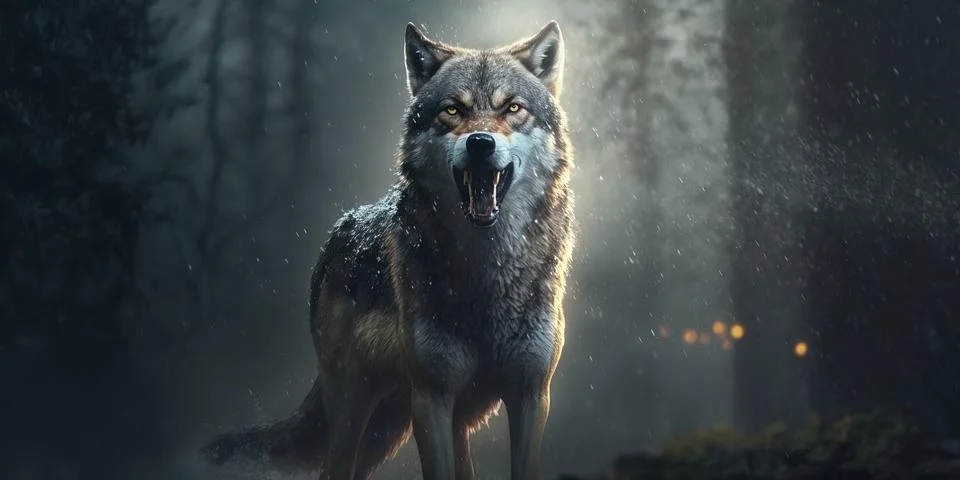 A wolf standing in the middle of a forest with its mouth open and it's teet.. Illustrazione stock
