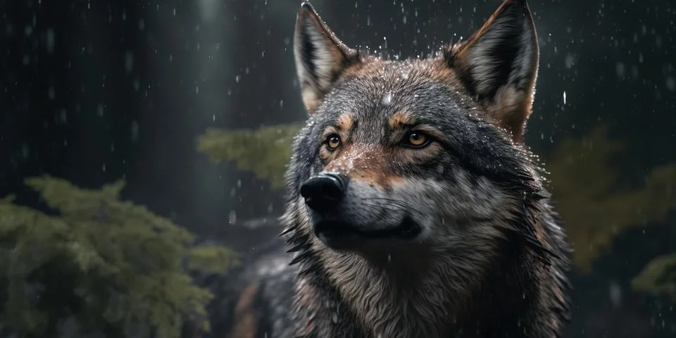 A wolf is standing in the rain with trees in the background and a dark back.. Stock Illustration