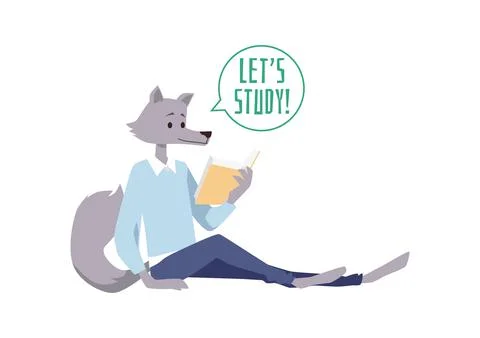 Wolf student sitting with book, let's study text in speech bubble, flat vector 스톡 일러스트
