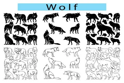 Wolf vector black and white, Wolf silhouette outline Stock Illustration