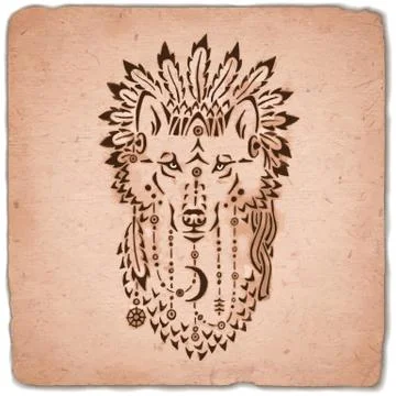 Wolf in war bonnet, hand drawn animal illustration Stock Illustration