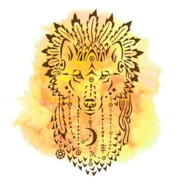 Wolf in war bonnet, hand drawn animal illustration Stock Illustration