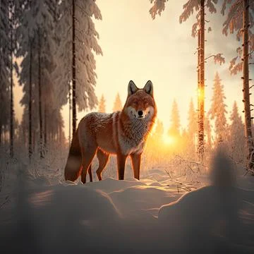 Wolf in winter mountain landscape. Wild animal standing in deep snow. Sunse.. Stock Illustration