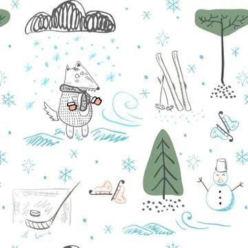 Wolf in winter in a snowy forest during a snowfall. Seamless pattern. イラスト素材