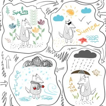 Wolf in winter in spring in summer and in autumn a seamless pattern. Stockillustratie