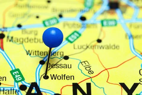 Wolfen pinned on a map of Germany Stock Photos