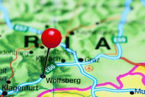 Wolfsberg pinned on a map of Austria Stock Photos