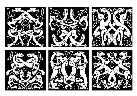Wolves or dogs patterns with celtic ornament Illustrazione stock