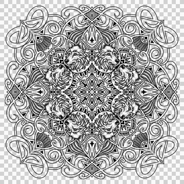 Wolves symmetrical pattern. Hand drawn decorative element. Black mandala Illustrazione stock
