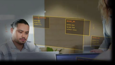Woman addressing team causing HUD boxes with latency, man analyzing laptop for Stock Footage 333999993