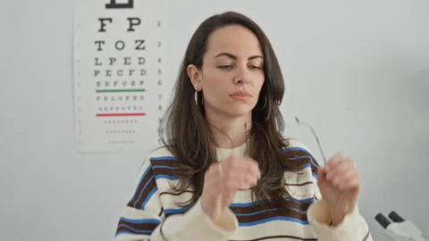 Woman adjusting eyeglasses while standing before a snellen eye chart in a m.. Stock Footage 339245053