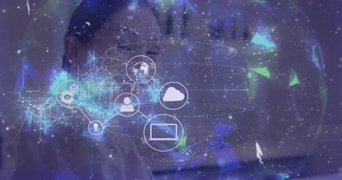 Woman adjusting forehead while cloud icon appearing, expanding into tech Stock Footage 330540777
