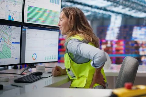 Woman Adjusting Her Posture To Ease Back Pain While Organizing Parcels. Stock Photos