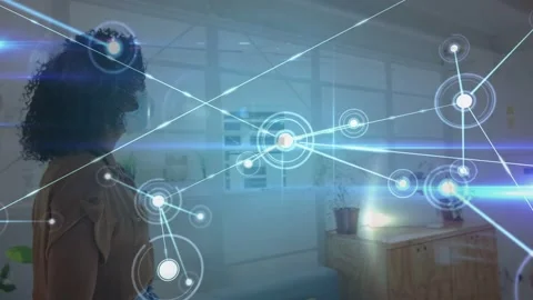 Woman adjusting mask, holo node appearing network expanding between them for Stock Footage 333494444