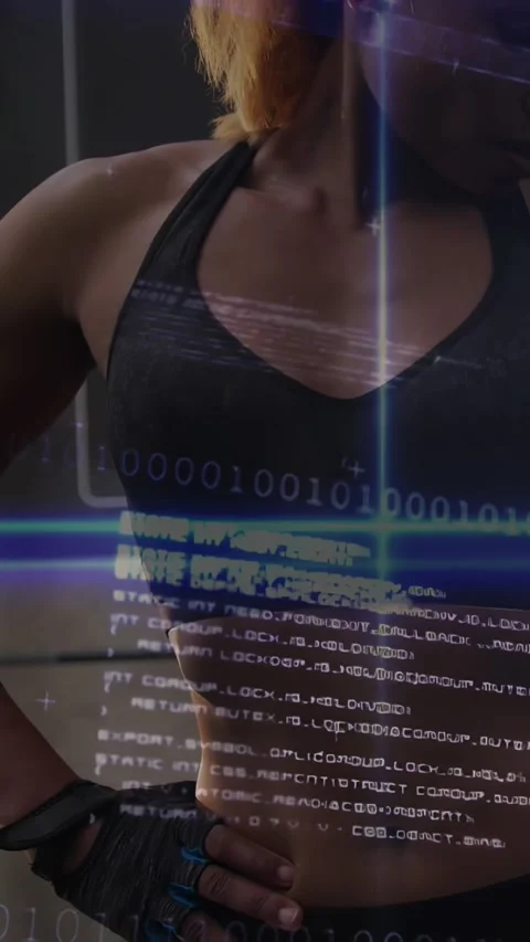 Woman adjusting pose rotating torso as binary overlay appears with blue Stock Footage 330982228
