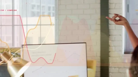 Woman adjusting screen, camera panning, speaker explaining business data with Stock Footage 334176728
