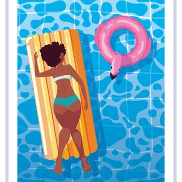 Woman afro tanning in float on the pool イラスト素材
